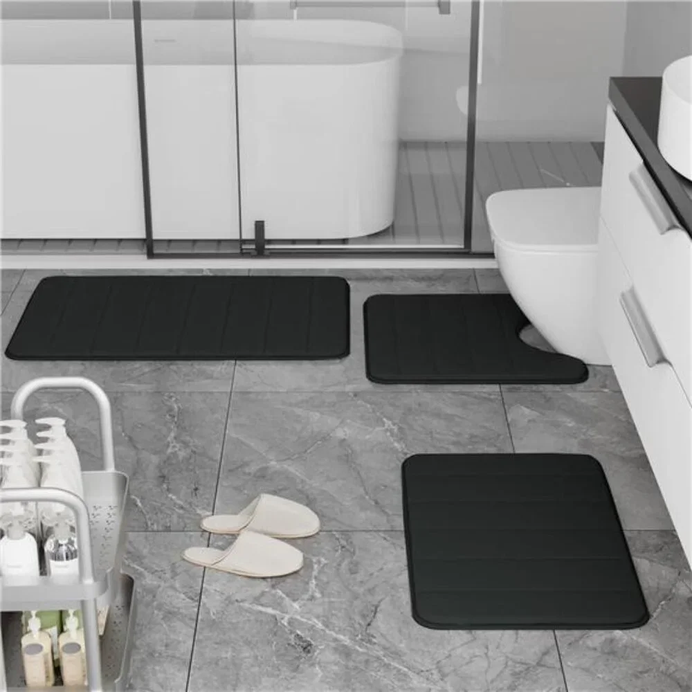 Bathroom Rugs Set Memory Foam Non Slip Bath Mats Absorbent Soft 3 Piece Shaggy